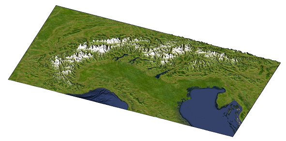 Italian Alpine Arch and Northern Italy, satellite view. Aerial view of the north of the peninsula. Mountains relief, lakes and plains. Physical map. Drawing effect. 3d rendering.