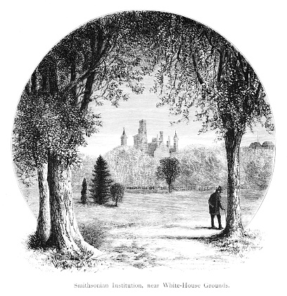 The Smithsonian, with 21 museums and a zoo, viewed from the Capitol grounds , Washington DC, USA.. Pen and pencil illustration engravings, published 1874. This edition edited by William Cullen Bryant is in my private collection. Copyright is in public domain.