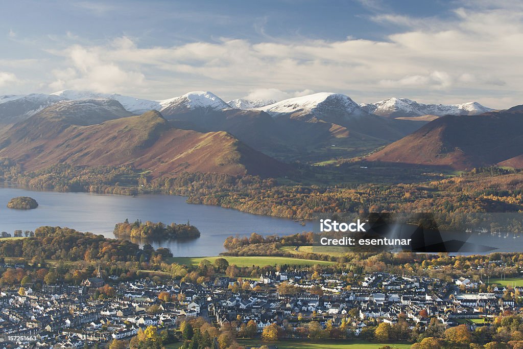 Keswick Classic view of Keswick, Derwent Water and the surrounding fells. Early cold spell led to a dusting of snow on the peaks while the last of the autumn colors covered the landscape around the lake. English Lake District Stock Photo