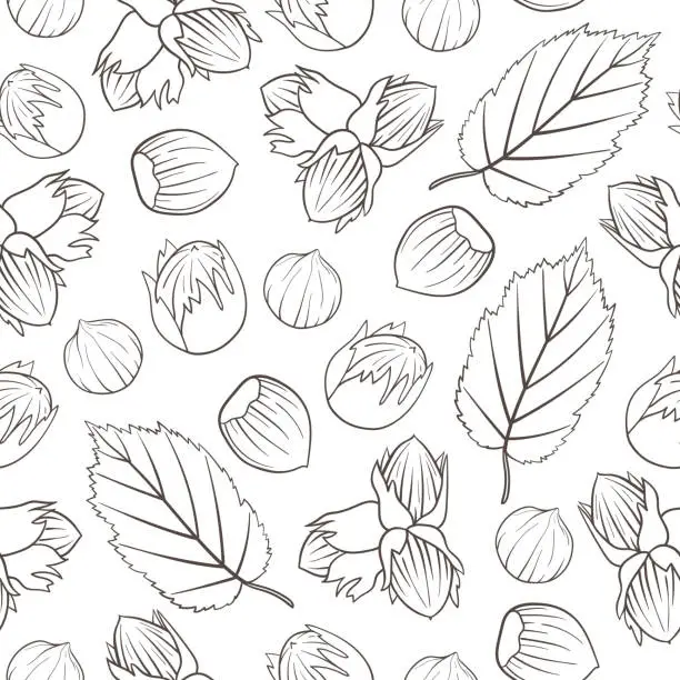 Vector illustration of Hand drawn seamless pattern with hazelnuts.