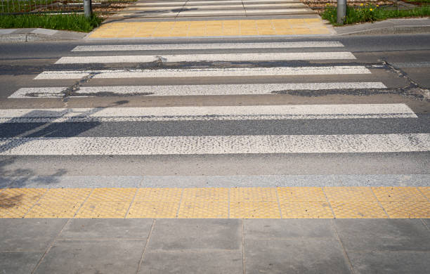 istock Paved Pedestrian Crossing, Grey White Crosswalk, Safety Zebra on Modern Tiles Pathway 1572562553