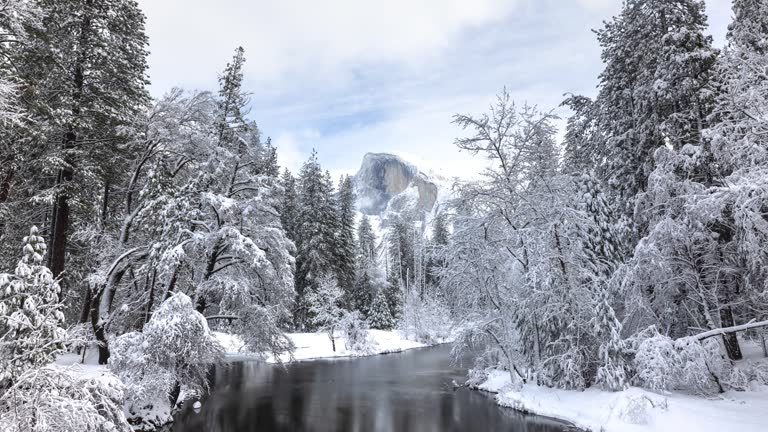 Time lapse of a snowy winter landscape in Yosemite National Park