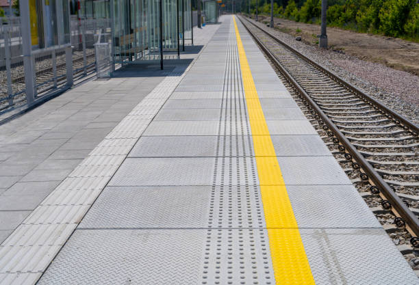 Tactile Paving on Modern Tiles Pathway for Blind Handicap, Safety Sidewalk Walkway for Disability People, Relief Slab Sidewalk, Pathway, Brick Path Road, Granite Tiles Walkway