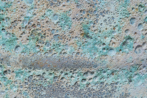 Porous Enamel on a Flower Pot, Highly Textured Foam Ceramics, Frozen Bubble Background Closeup, Turquoise Blue Natural Pattern, Craters on Lunar Surface, Copy Space