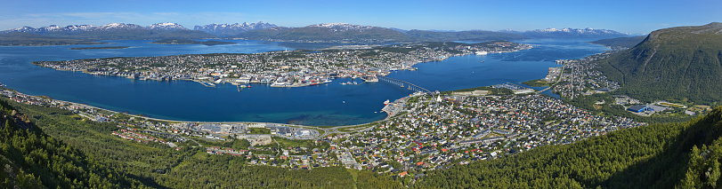 Panoramic view of Tromso from Fjellheisen upper station in Troms og Finnmark county, Norway, Europe