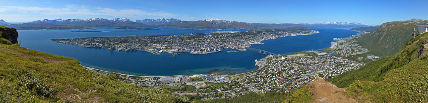 Panoramic view of Tromso from Fjellheisen upper station in Troms og Finnmark county, Norway, Europe