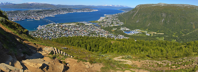 Panoramic view of Tromso from Sherpa Stairs in Troms og Finnmark county, Norway, Europe