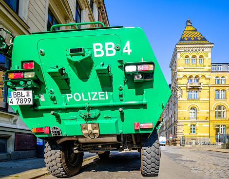 Leipzig, Germany - June 3: typical german police car at the old town of Leipzig on June 3, 2023