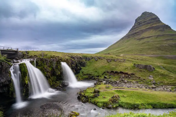 Photo of Kirkjufellsfoss waterfall and mountain, long exposure, in Iceland on the Snaefellsnes Peninsula