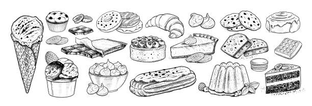 Sketchy illustrations collection of desserts Vector sketchy illustrations collection of desserts and sweet food chocolate chip cookie drawing stock illustrations