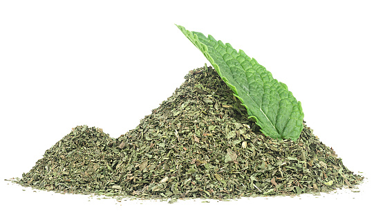 Fresh mint leaf with pile of dried mint isolated on a white background. Herbal tea.