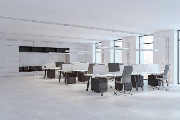 istock Modern white coworking office interior with window, daylight and furniture. 3D Rendering. 1572588634
