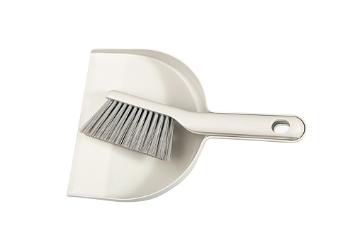 Broom and Dustpan Isolated, Grey Plastic Dust Pan with Brush for Carpet, Floor Cleaning, Sweeping Tools on White Background, Clipping Path