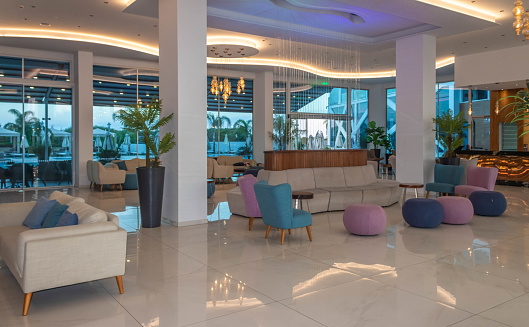 Ayia Napa, Cyprus - July 16th 2023: The modern lobby of the Amethyst hotel and spa