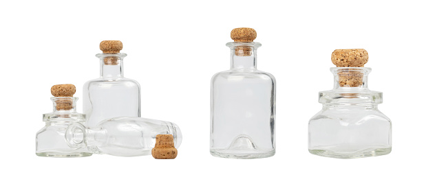 Old Glass Bottle Isolated, Vintage Bottles Collection on White Background,