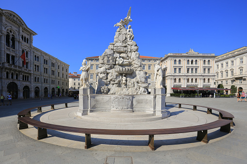 Trieste, Italy - 20 July, 2019: Fontana dei Quattro Continenti in sunny day in Trieste