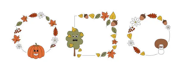 Vector illustration of Set of colorful autumn frames. Round and square frames with funny pumpkin, tree, mushroom, leaves. Vector flat illustration isolated on white background