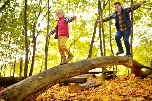 Little boy having fun with mature father during stroll in the forest at sunny autumn day. Active family time on nature. Hiking with little kids in the fall.