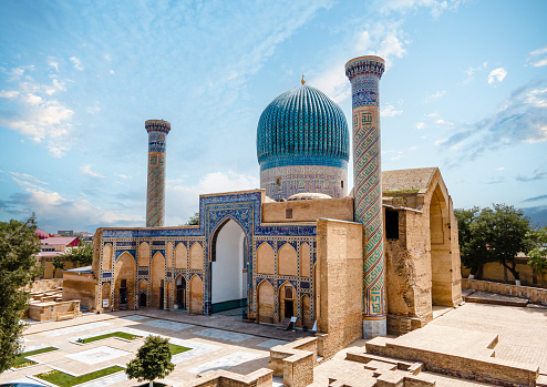 Samarkand, Uzbekistan aerial view of  Gur-e-Amir - a mausoleum of the Asian conqueror Timur. Translation on mosque: \