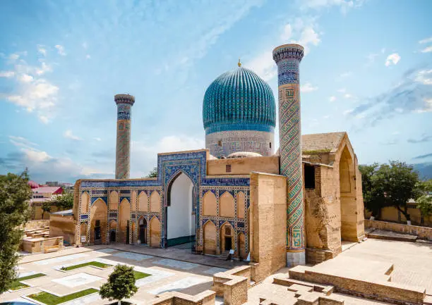 Samarkand, Uzbekistan aerial view of  Gur-e-Amir - a mausoleum of the Asian conqueror Timur. Translation on mosque: "Tamerlane".  Famous travel destination in Uzbekistan