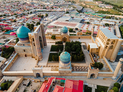 Samarkand, Uzbekistan aerial aero view of Bibi Khanym Mosque. Main place of worship and dedicated to Timur's favourite wife. Translation on mosque: 