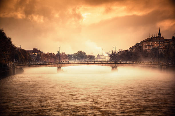 City of Verona during a rainy autumn day with high flood in the Adige river.