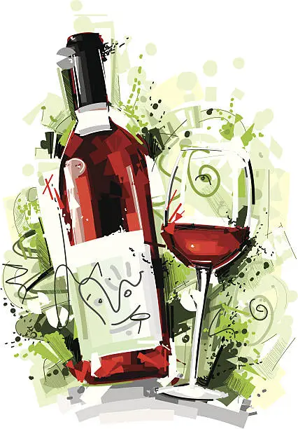 Vector illustration of sketchy red wine bottle and glass