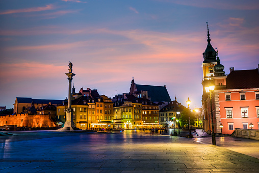 Sunset over Old Town in Warsaw, Poland