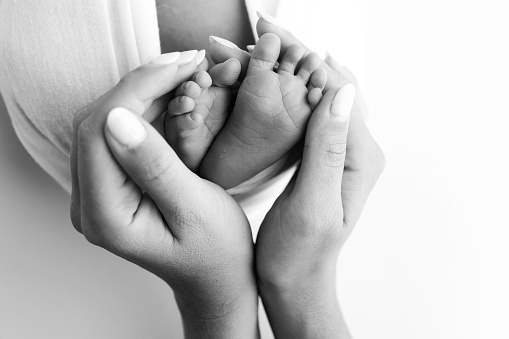 The palms of the father, the mother are holding the foot of the newborn baby on white background. Feet of the newborn on the palms of the parents. Photography of a child's toes, heels and feet