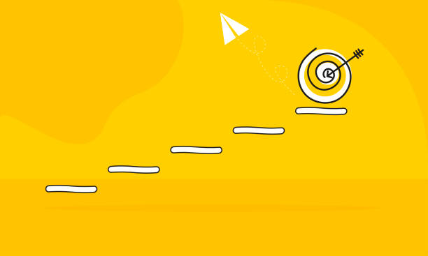 ilustrações, clipart, desenhos animados e ícones de seta alvo de escadas no fundo amarelo. - staircase determination goal high up