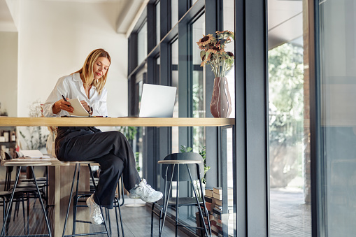 Smiling woman entrepreneur working on laptop, making notes in cozy coworkign space interior