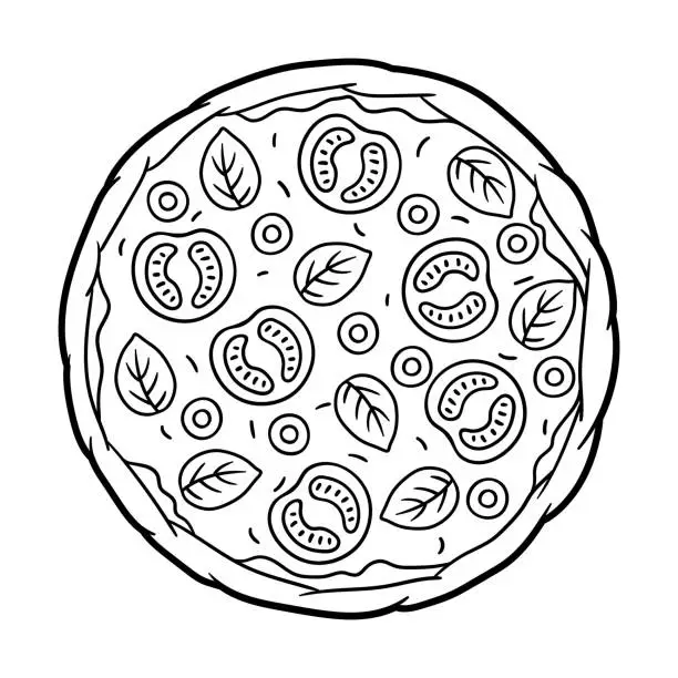 Vector illustration of Tasty Italian pizza. Delicious fast food meal. Illustration for cafe menu.