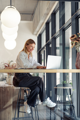 Smiling woman entrepreneur working on laptop in cozy coworking space interior