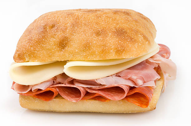 jamón y salami, chorizo y un sándwich de queso - ciabatta fotografías e imágenes de stock