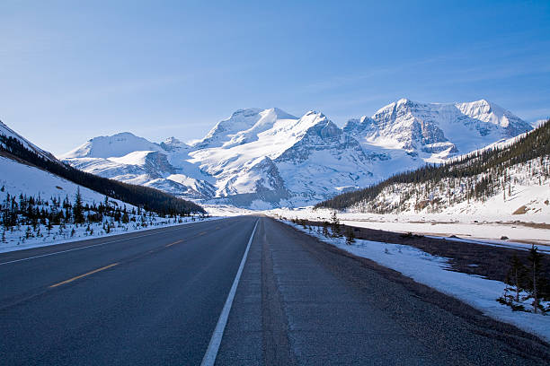 Icefields Parkway leading up to snow covered mountains stock photo