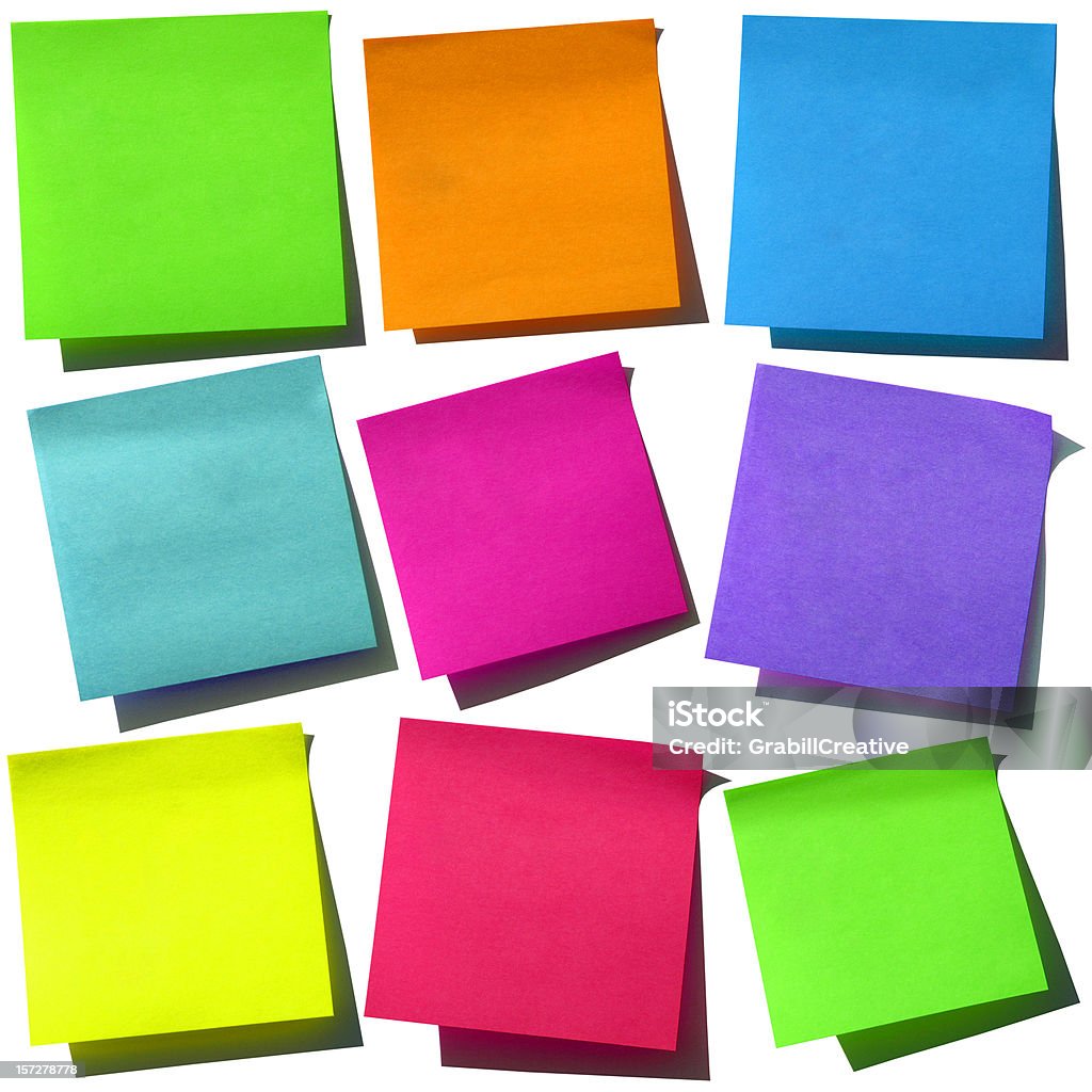 Bright Post-it Notes Nine eye-hurting bright post-it notes. Adhesive Note Stock Photo