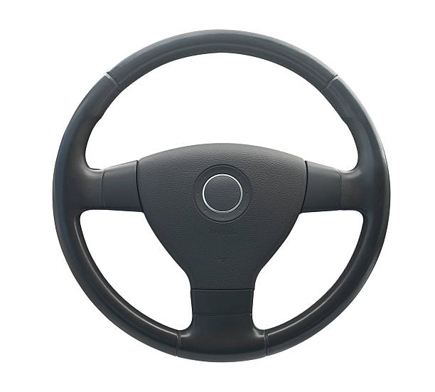 Grey steering wheel with circle in middle on horn steering wheel isolated on white dashboard vehicle part photos stock pictures, royalty-free photos & images