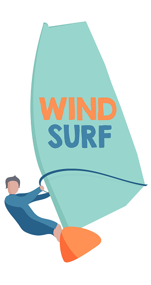 colored windsurf with boy in surf suit, mint green, blue and orange, minimalist style