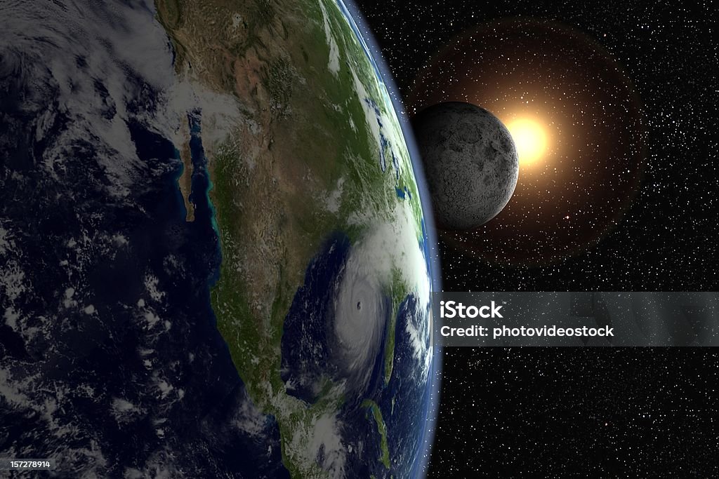 Sunflare, moon and hurricane over Florida  Globe - Navigational Equipment Stock Photo