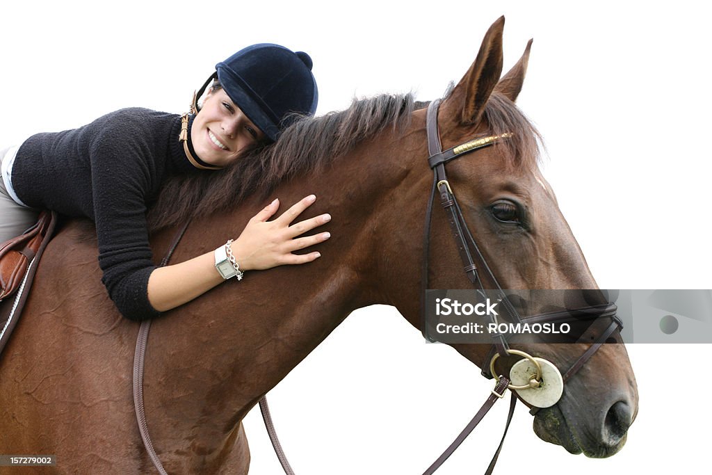 Girl abrazándose su caballo, Noruega - Foto de stock de Caballo - Familia del caballo libre de derechos