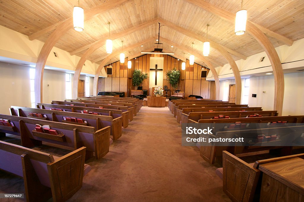Small Church Sanctuary Sanctuary of a small church with pews and pulpit Church Stock Photo