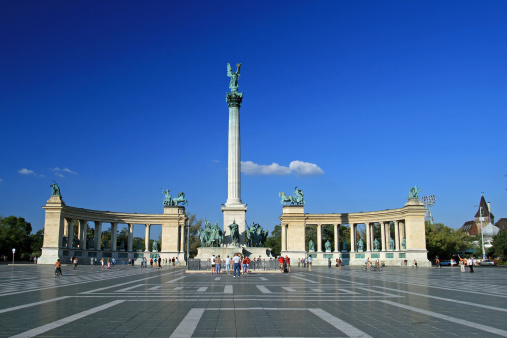 Grass Near Schlossplatz, Jubilee Column And Fountain In Stuttgart, Germany