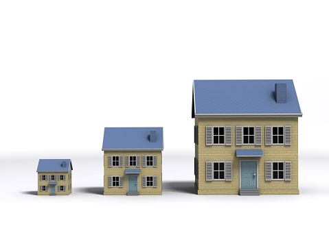 Three houses ranging from small to large. 3D render with HDRI lighting and raytraced textures.