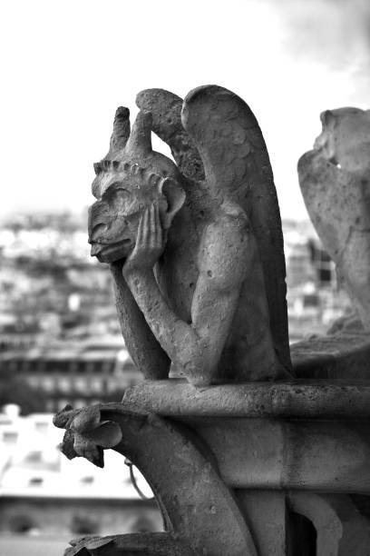 gárgula de notre dame em paris em preto e branco - church close up paris france gothic style imagens e fotografias de stock