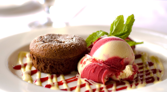 Chocolate lava souffle cake, fresh raspberries & vanilla with fruit ice cream dessert. (SEE LIGHTBOXES BELOW for more gourmet sweet baked food...)