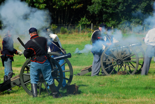 Ticonderoga, New York, USA - September 02, 2021: Soldiers are a part of  historical reenactment at Fort Ticonderoga. Fort Ticonderoga is a large 18th-century star fort built by the French at a narrows near the south end of Lake Champlain, New York,  USA.