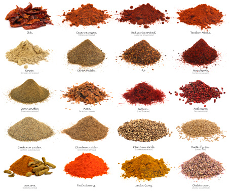 Variation of Spices Chili Powder, Peppercorns, Cayenne Pepper, Turmeric, Cumin, and Garlic Powder