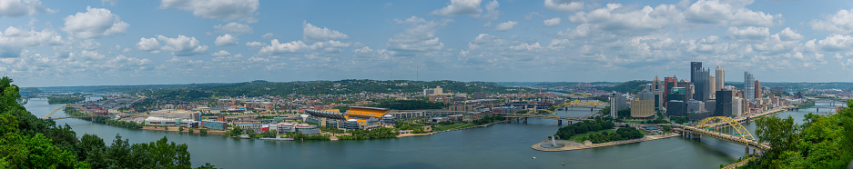 Panoramic view of the city of Pittsburgh three rivers and all bridges in the surrounding area