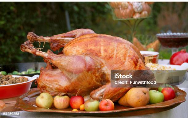 Natale Ringraziamento Cibo Cena Di Tacchino Arrosto Al Tavolo Da Pranzo Allaperto - Fotografie stock e altre immagini di Ambientazione esterna