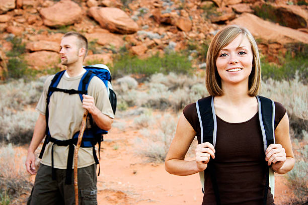 Man and Woman out Hiking stock photo